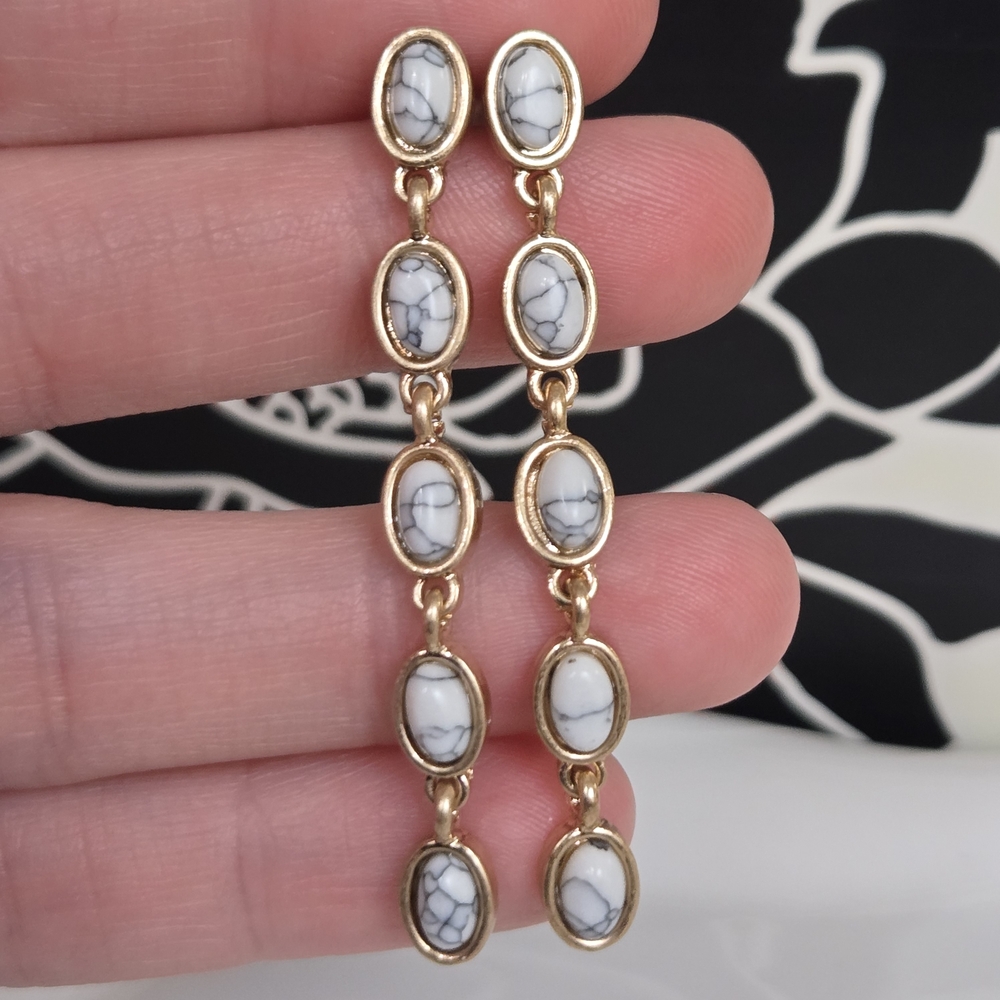 Gold Drop Earrings with White Marble Accents – Lightweight Statement Dangles